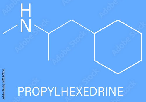 Propylhexedrine molecule. Used as nasal decongestant and stimulant. Skeletal formula.