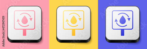 Free Download Isometric Recycle clean aqua icon isolated on pink, yellow and blue background. Drop of water with sign recycling. Square button. Vector - GFXLoad