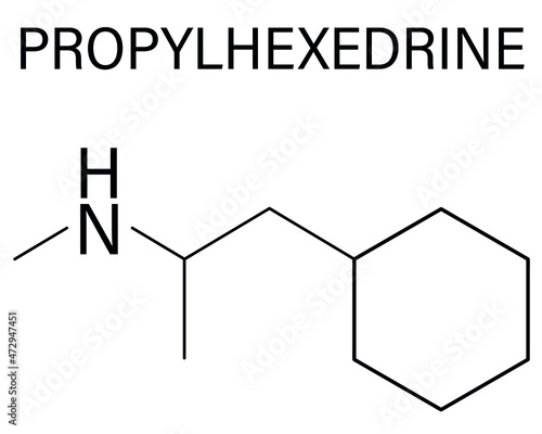 Propylhexedrine molecule. Used as nasal decongestant and stimulant. Skeletal formula.