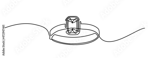 Ring, line drawing style. Continuous line drawing. Ring with stone. Valentine s day. Template for love cards and invitations. Isolated on white background. Hand drawn vector illustration
