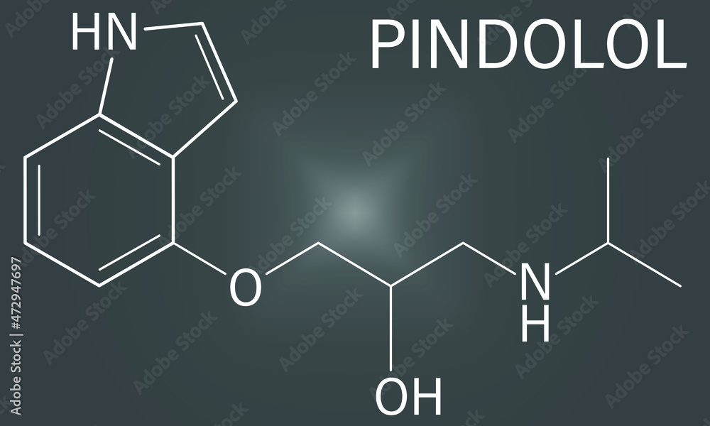 Pindolol beta blocker drug molecule. Skeletal formula. Pindolol beta blocker drug molecule. Skeletal formula.