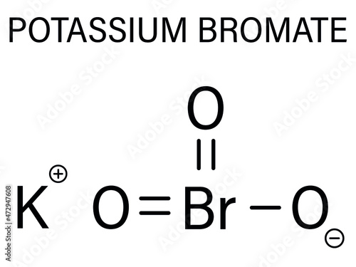 Potassium bromate. KBrO3, E924. Used as additive to flour in the baking of bread. Skeletal formula.