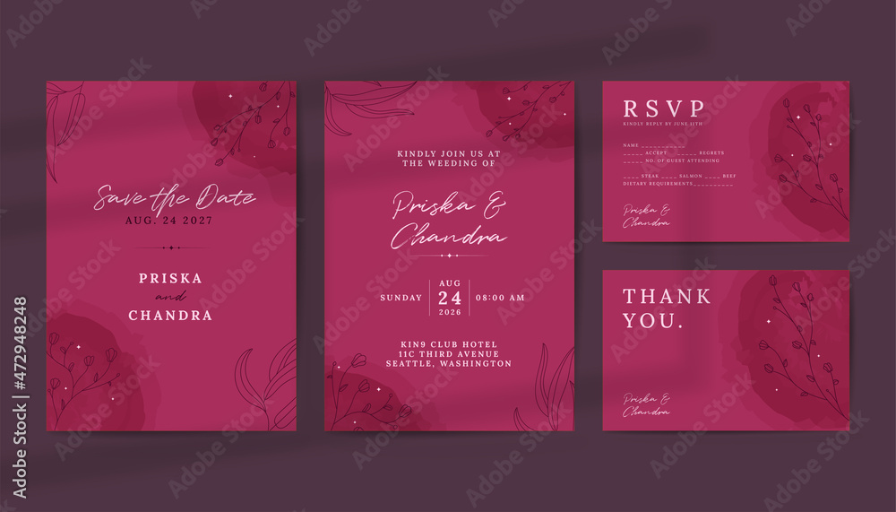 Beautiful Red Wedding Invitation with Handrawn Flower Line Art Ornaments