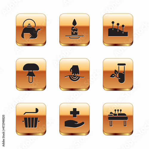 Set Teapot with cup, Sauna bucket and ladle, Cross hospital medical, Massage, Mushroom, Acupuncture therapy, and Aroma candle icon. Vector
