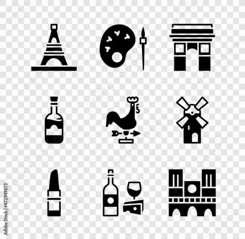 Set Eiffel tower, Paint brush with palette, Triumphal Arch, Lipstick, Wine bottle cheese, Notre Dame, Bottles of wine and Rooster weather vane icon. Vector