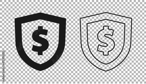 Black Shield with dollar symbol icon isolated on transparent background. Security shield protection. Money security concept. Vector