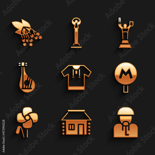 Set Embroidered shirt, Ukrainian house, cossack, Metro or Underground, Poppy flower, Bandura, Mother Motherland monument and Branch viburnum icon. Vector