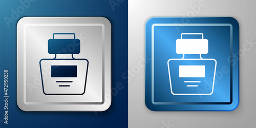 White Perfume icon isolated on blue and grey background. Silver and blue square button. Vector