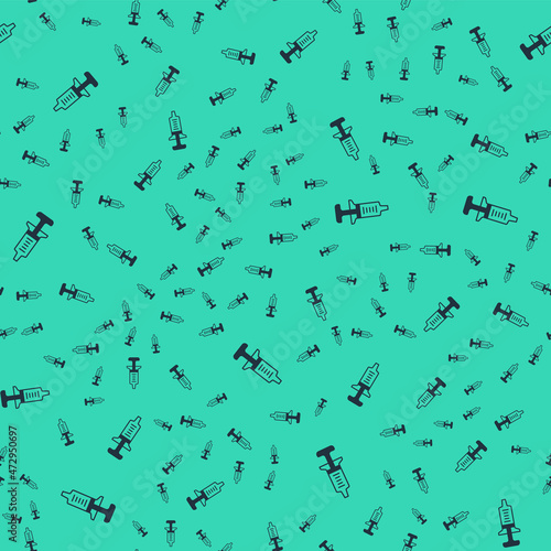 Black Syringe icon isolated seamless pattern on green background. Syringe for vaccine, vaccination, injection, flu shot. Medical equipment. Vector