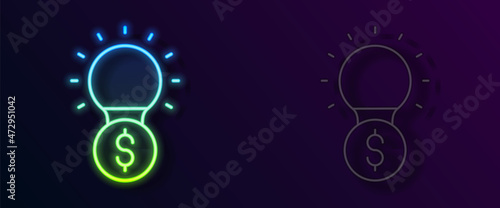 Glowing neon line Light bulb with dollar symbol icon isolated on black background. Money making ideas. Fintech innovation concept. Vector