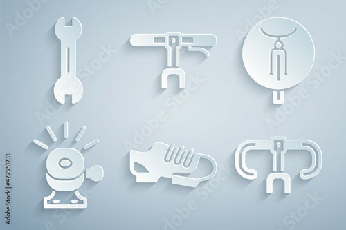 Set Bicycle shoes, bell, handlebar, and Wrench spanner icon. Vector