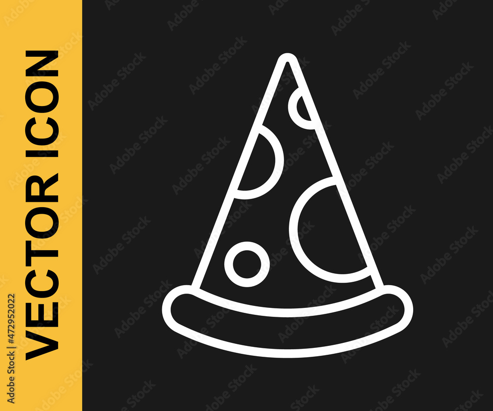 White line Slice of pizza icon isolated on black background. Fast food menu. Vector White line Slice of pizza icon isolated on black background. Fast food menu. Vector