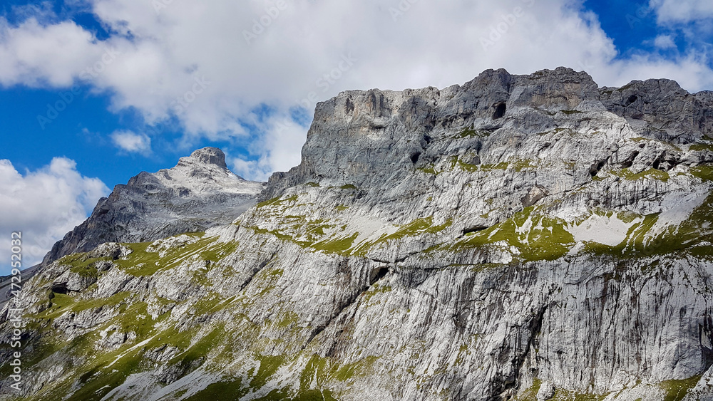 Massive rock face in the Swiss Alps. Praettigau, Grisons, Switzerland.