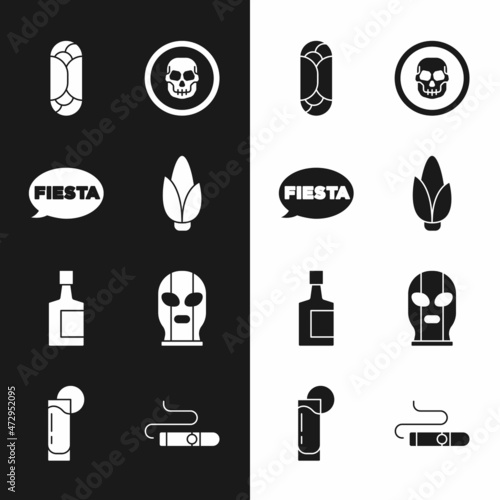 Set Corn, Fiesta, Burrito, Mexican skull coin, Tequila bottle, wrestler, Cigar and glass with lemon icon. Vector