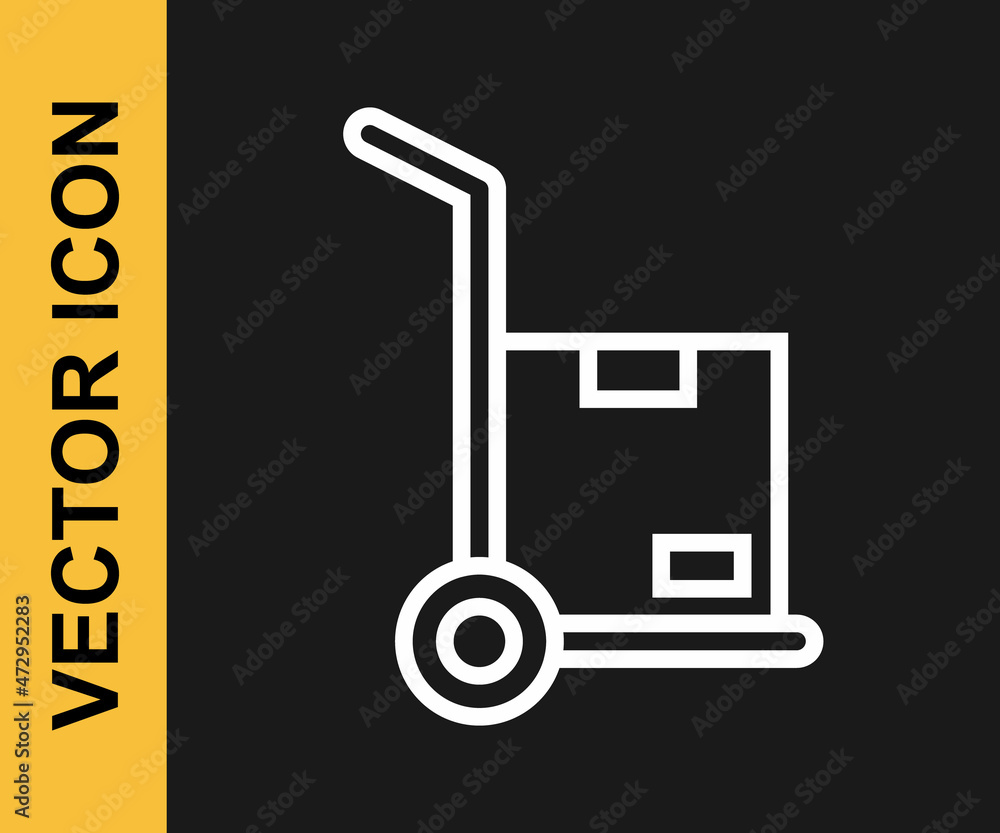 White line Hand truck and boxes icon isolated on black background. Dolly symbol. Vector White line Hand truck and boxes icon isolated on black background. Dolly symbol. Vector