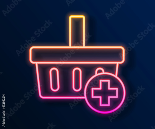 Glowing neon line Add to Shopping basket icon isolated on black background. Online buying concept. Delivery service. Supermarket basket symbol. Vector