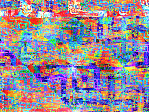 Composición de arte digital abstracto consistente en formas geométricas ligeramente distorsionadas y aglomeradas creando una especie de mosaico de azulejos coloridos y laberínticos.