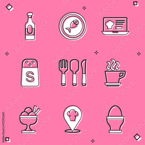 Set Wine bottle, Served fish on a plate, Online ordering and delivery, Salt, Fork, spoon knife, Coffee cup, Ice cream bowl and Chef hat with location icon. Vector