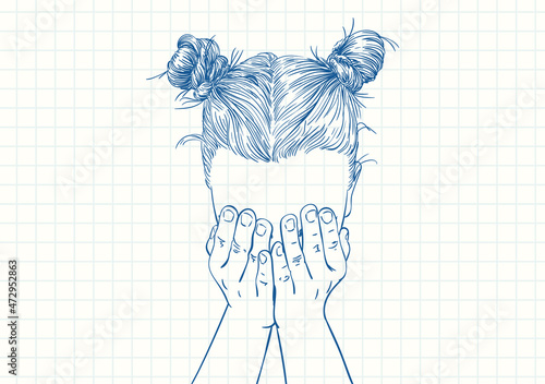 girl close face with hands, hair hand drawn vector