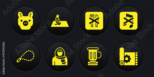 Set Rosary beads religion, Speaker mute, Muslim woman in hijab, Medieval goblet, Ramadan fasting, prays, Traditional carpet and Pig icon. Vector