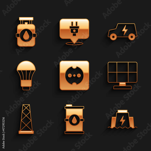 Set Electrical outlet, Bio fuel barrel, Hydroelectric dam, Solar energy panel, Antenna, LED light bulb, car and Propane gas tank icon. Vector