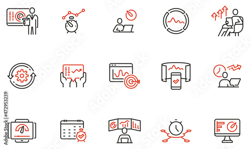 Vector set of linear icons related to productivity time, task management, dashboards of apps, work progress and performance indicators. Mono line pictograms and infographics design elements - part 2