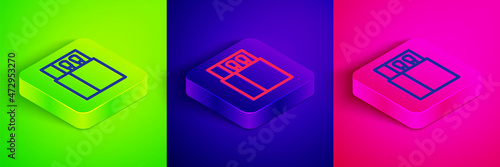 Isometric line Open matchbox and matches icon isolated on green, blue and pink background. Square button. Vector