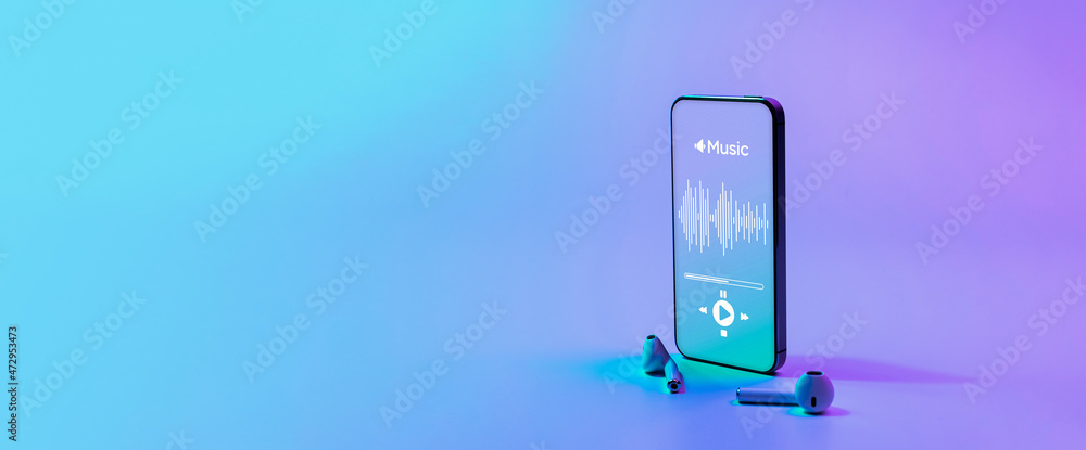 Music banner. Mobile smartphone screen with music application, sound  headphones. Audio voice with radio beats on neon gradient background.  Broadcast media music banner with copy space. Stock Photo | Adobe Stock