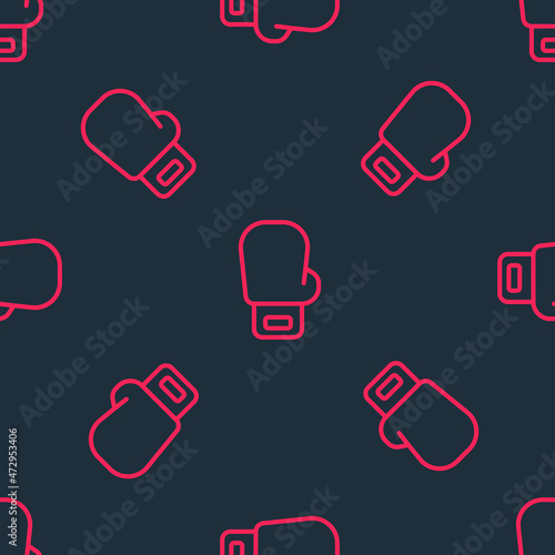 Red line Boxing glove icon isolated seamless pattern on black background. Vector