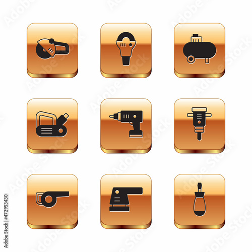 Set Angle grinder, Leaf garden blower, Electric sander, cordless screwdriver, planer tool, Air compressor, Screwdriver and icon. Vector
