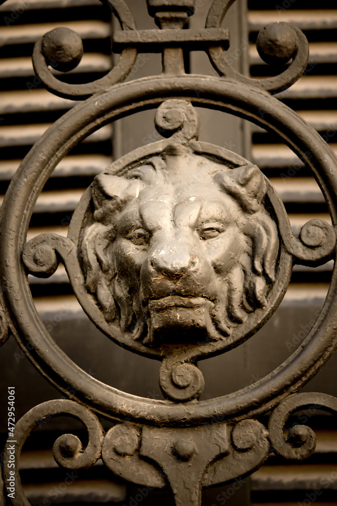 Detail of a lion head on a fence