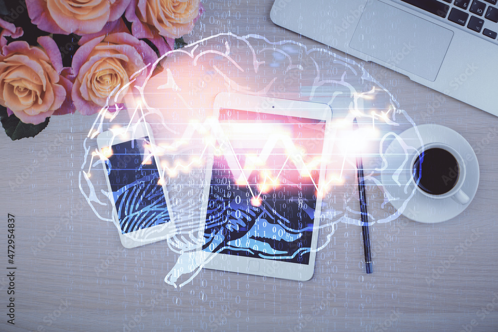 Fototapeta premium Double exposure of brain drawing over work table desktop. Top view. Global data analysis concept.