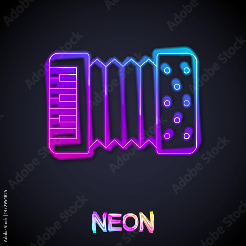 Glowing neon line Musical instrument accordion icon isolated on black background. Classical bayan, harmonic. Vector