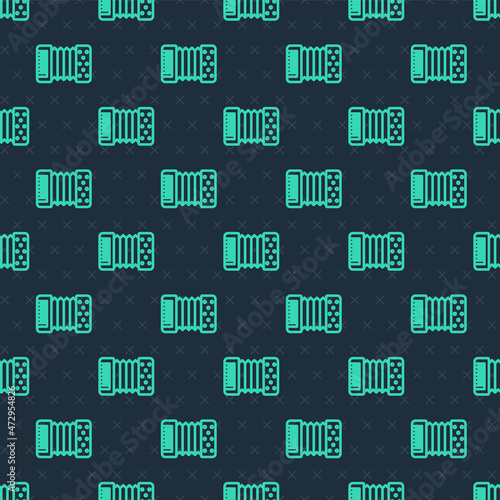 Green line Musical instrument accordion icon isolated seamless pattern on blue background. Classical bayan, harmonic. Vector