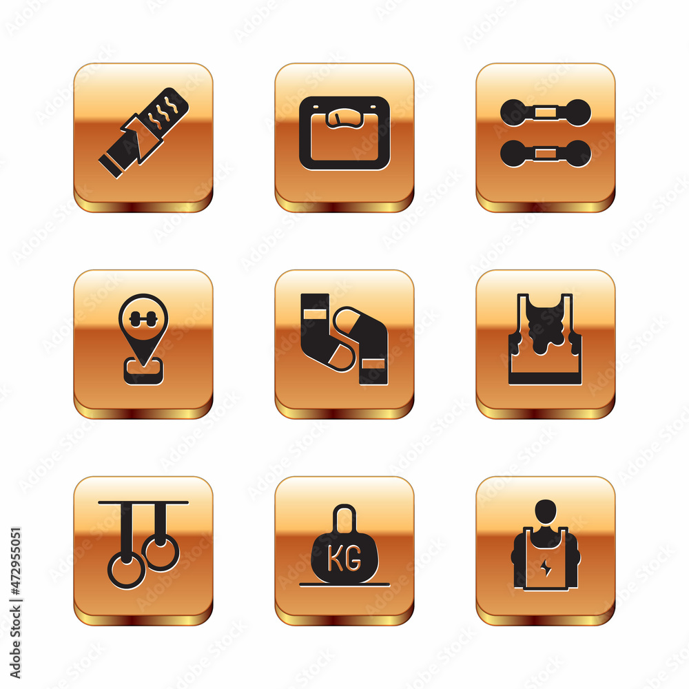 Set Protein sport bar, Gymnastic rings, Weight, Socks, Location gym, Dumbbell, Bodybuilder and Bathroom scales icon. Vector
