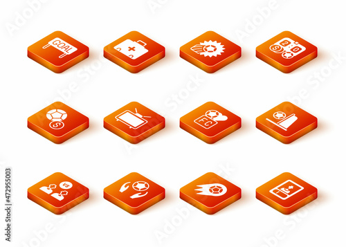 Set Football or soccer player, Soccer football, match on TV, Fan club, card and goal with icon. Vector