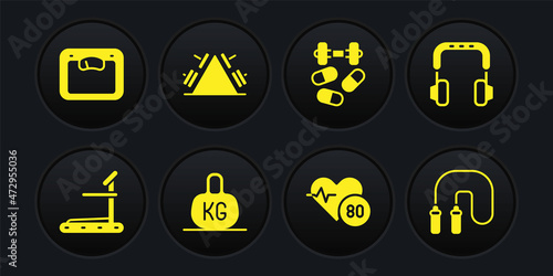 Set Treadmill machine, Headphones, Weight, Heart rate, Sports doping with dumbbell, Metal rack weight, Jump rope and Bathroom scales icon. Vector