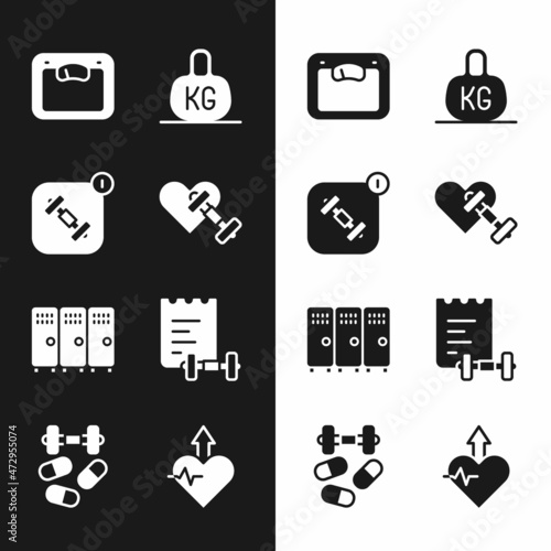 Set Dumbbell with heart, Fitness app, Bathroom scales, Weight, Locker or changing, Sport training program, Heartbeat increase and Sports doping dumbbell icon. Vector
