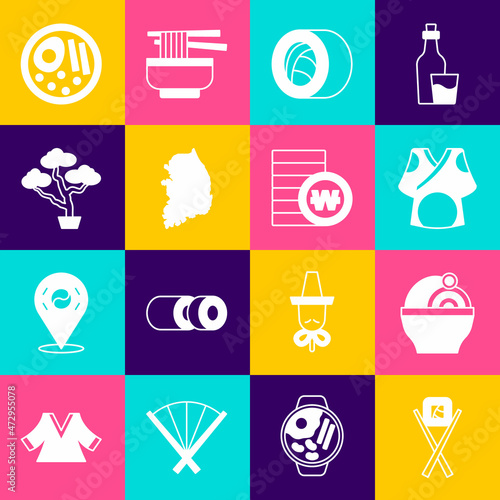 Set Sushi with chopsticks, Ramen, Kimono, South Korea map, Bonsai tree, and Korean won coin icon. Vector