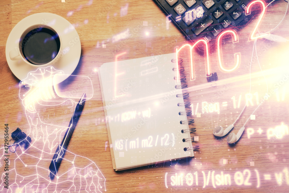 Double exposure of tech formula drawing and work table top veiw. concept of education. Double exposure of tech formula drawing and work table top veiw. concept of education.