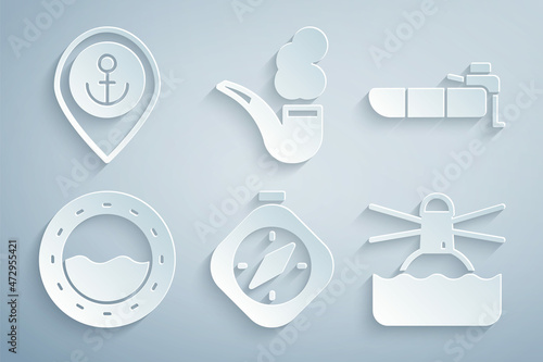 Set Compass, Inflatable boat with motor, Ship porthole, Lighthouse, Smoking pipe and Location anchor icon. Vector