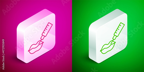 Isometric line Lip augmentation icon isolated on pink and green background. Hyaluronic acid lips injection. Contour plastic. Silver square button. Vector