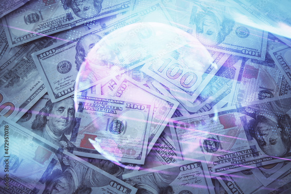 Fototapeta premium Double exposure of tech theme drawing over usa dollars bill background. Concept of technology.