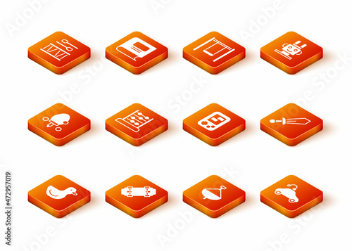 Set Rubber duck, Skateboard, Racket, Abacus, Whirligig toy, Tetris electronic game, Radio controlled car and Sword icon. Vector