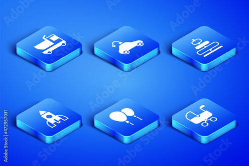 Set Baby stroller, Toy truck, Balloons, Rocket ship toy, Radio controlled car and Pyramid icon. Vector