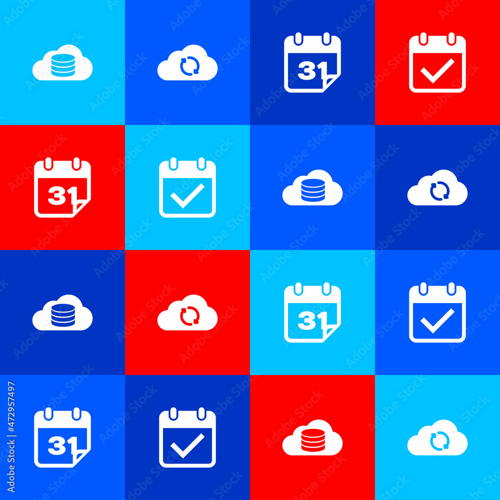 Set Cloud database, sync refresh, Calendar and with check mark icon. Vector Set Cloud database, sync refresh, Calendar and with check mark icon. Vector