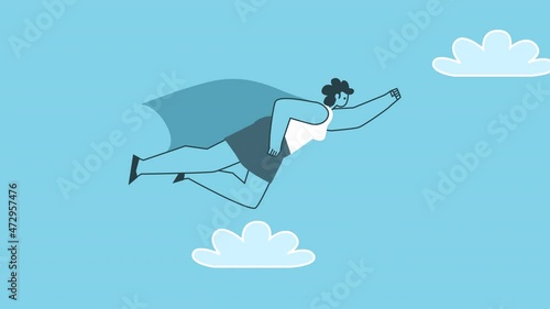 Woman Superhero Flies Horizontally Forward from Smartphone. Flat Design Cartoon Character Isolated Loop 2d Animation with Alpha Channel