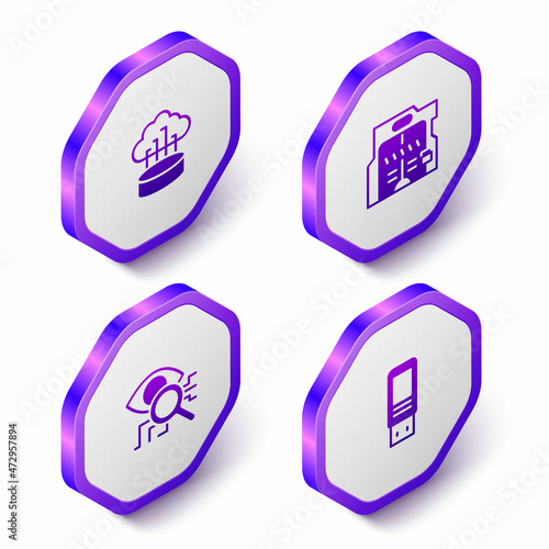 Set Isometric Network cloud connection, Futuristic sliding doors, Eye scan and USB flash drive icon. Purple hexagon button. Vector