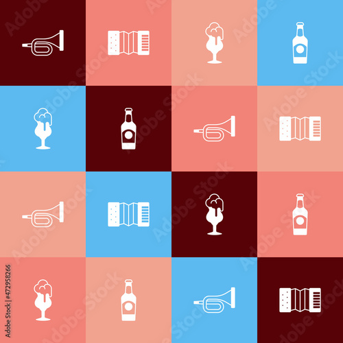 Set pop art Trumpet, Accordion, Glass of beer and Beer bottle icon. Vector