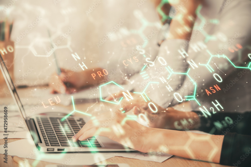 Double exposure of woman hands typing on computer and formula hologram drawing. Education concept. Double exposure of woman hands typing on computer and formula hologram drawing. Education concept.